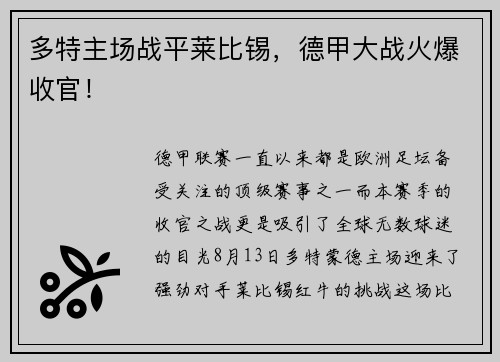 多特主场战平莱比锡，德甲大战火爆收官！
