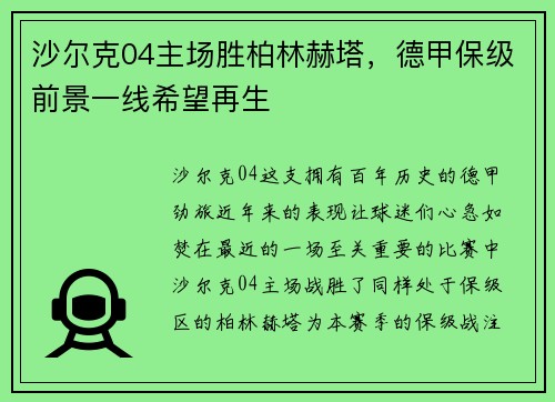 沙尔克04主场胜柏林赫塔，德甲保级前景一线希望再生